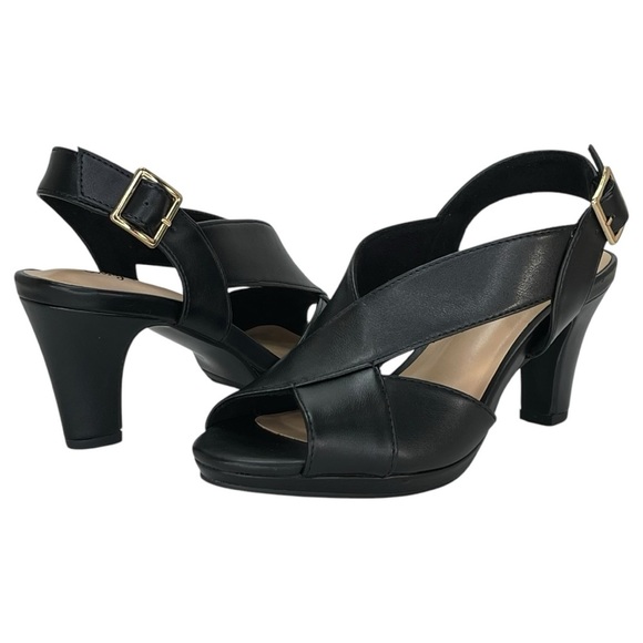 easy street Shoes - Easy Street Christy Black Faux Leather Criss Cross Womens Heels Size 6.5M